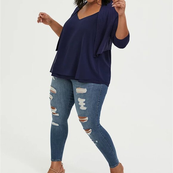 🆕NAVY PONTELLE WAFFLE KNIT OPEN FRONT SHRUG - Picture 3 of 6